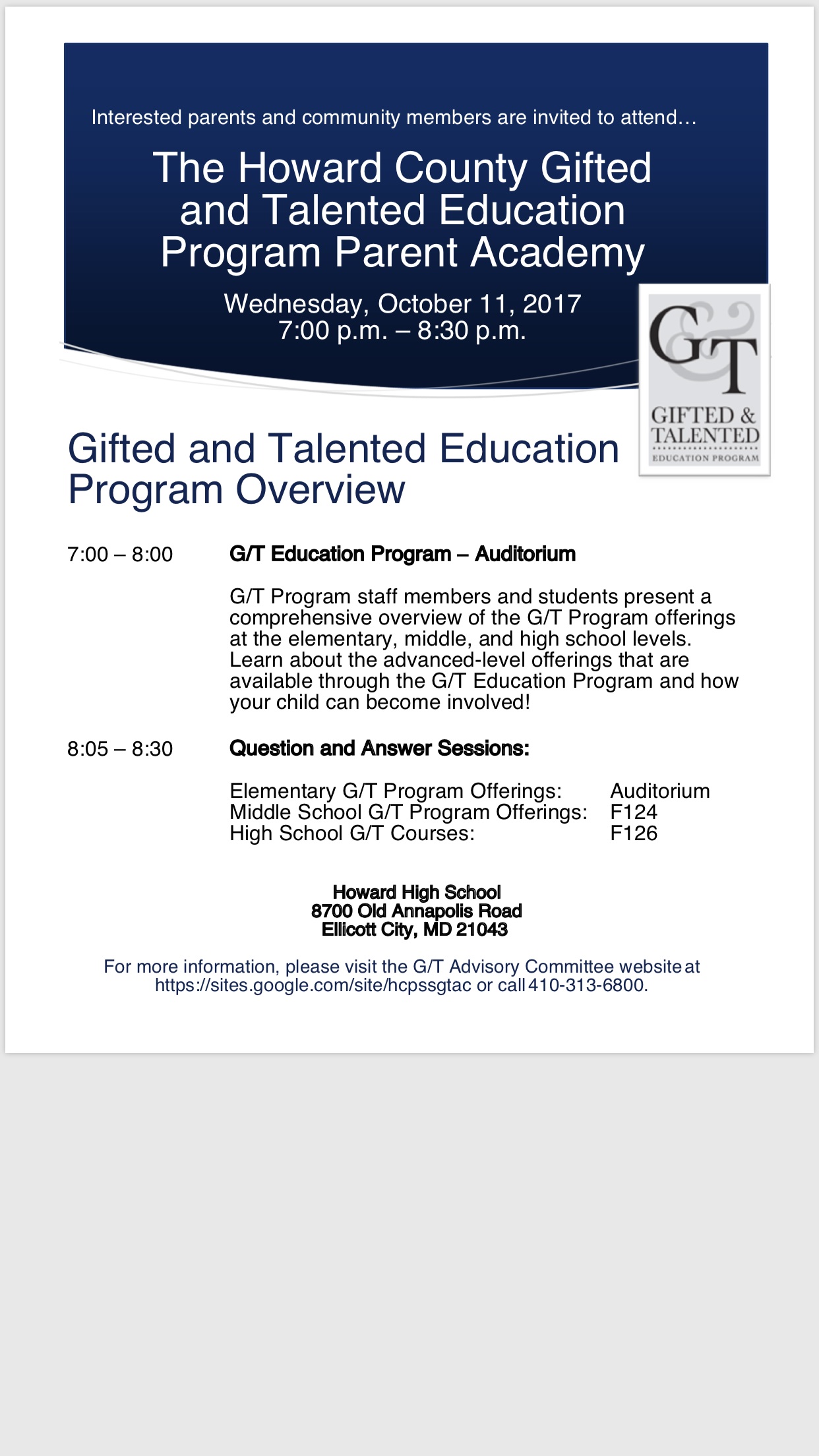 Gifted and Talented Parent Academy October 11th 7:00-8:30pm